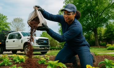 Women landscaper Laying new mulch in a garden