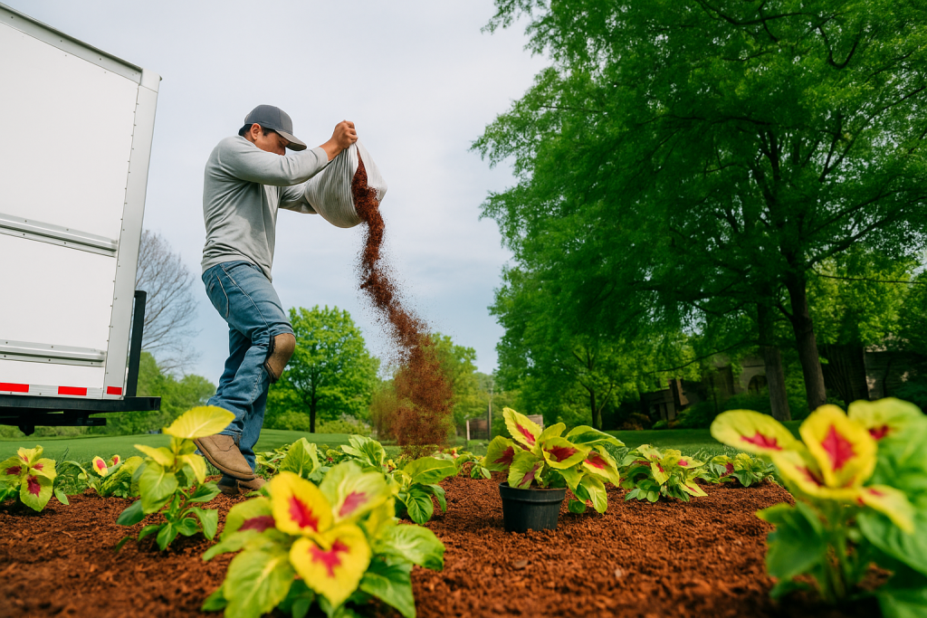 Landscaper Mulching Vibrant Garden Bed